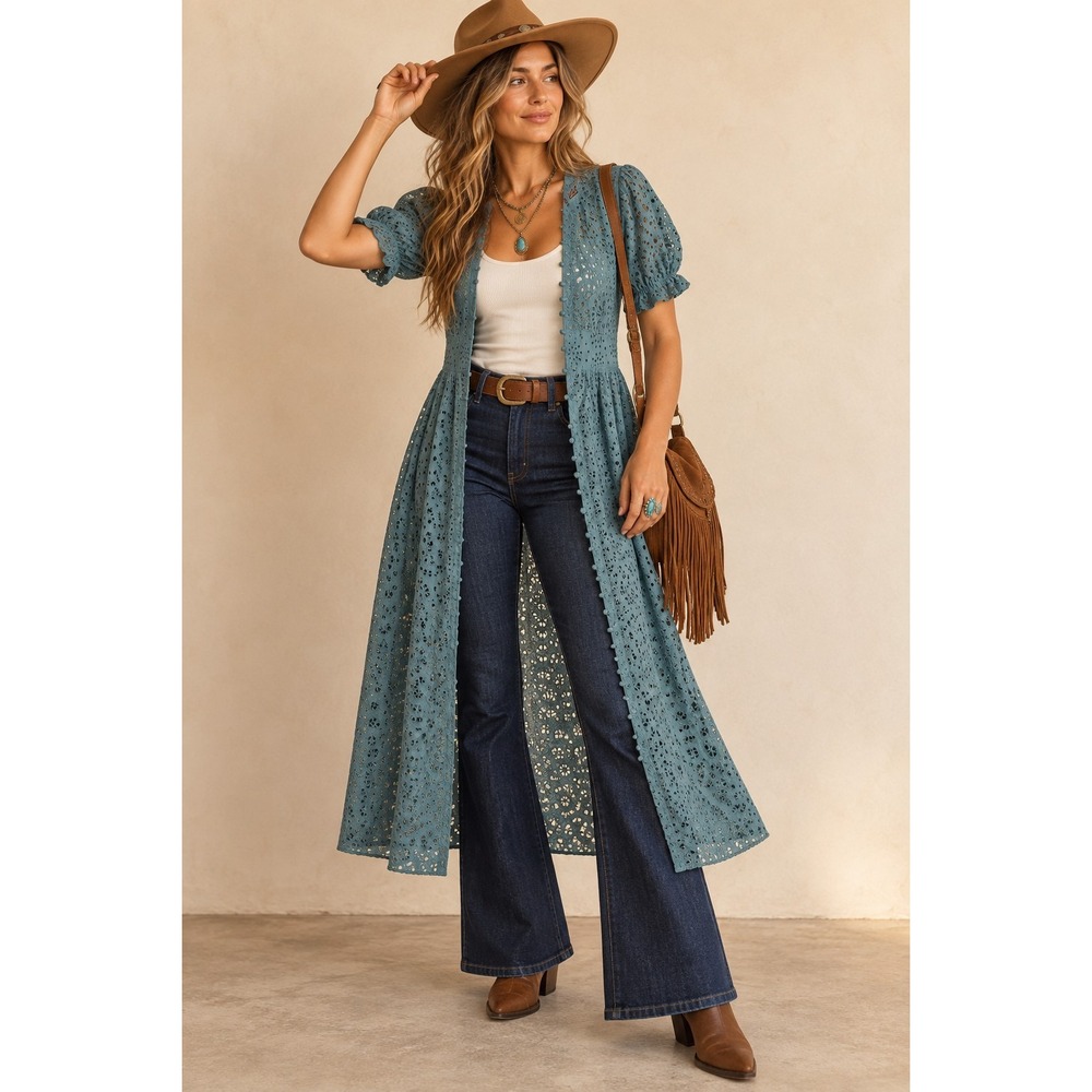 Sundance Teal Eyelet Embroidered Midi Dress Boho Duster Cottagecore Puff Sleeve